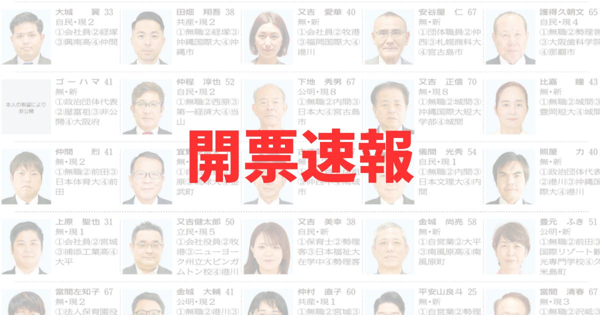 沖縄県　浦添市議会議員選挙2025　当選者　結果　開票速報　リアルタイム　得票数